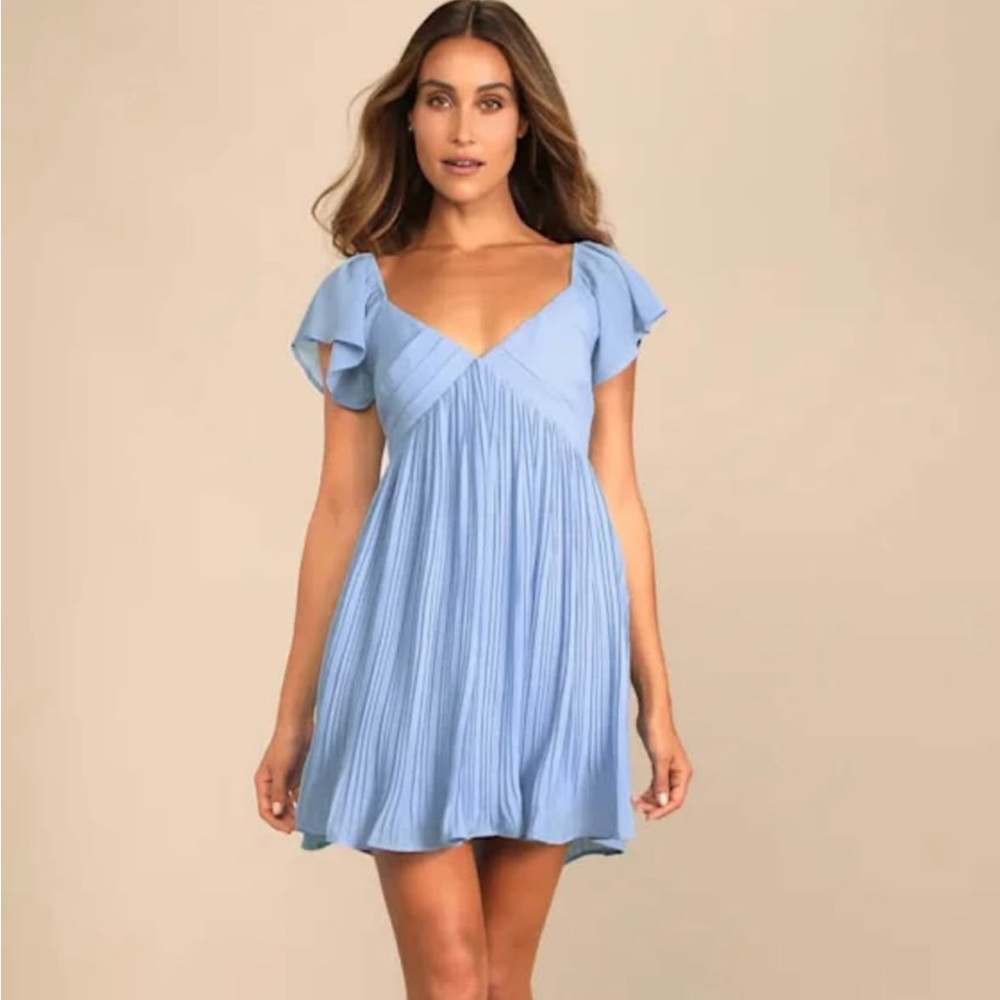 Lulu's Blue Pleated Sundress V-Neck Sleeveless